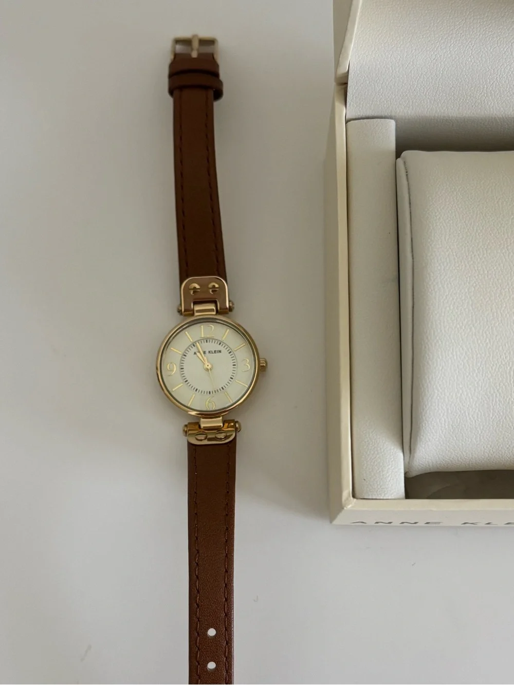 NEW IN BOX Anne Klein Gold-Tone Case with Brown Leather Strap Watch